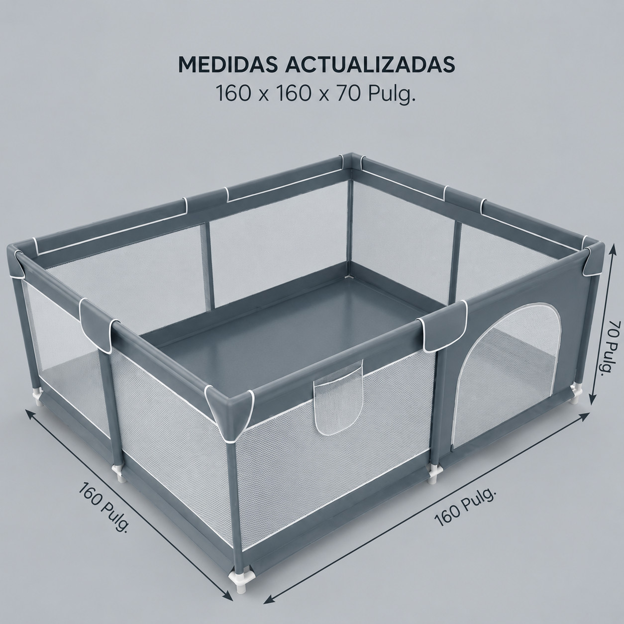 Corrallitos para bebe, mide 1.60 x 1.60, x 0.66 de alto, en gris.