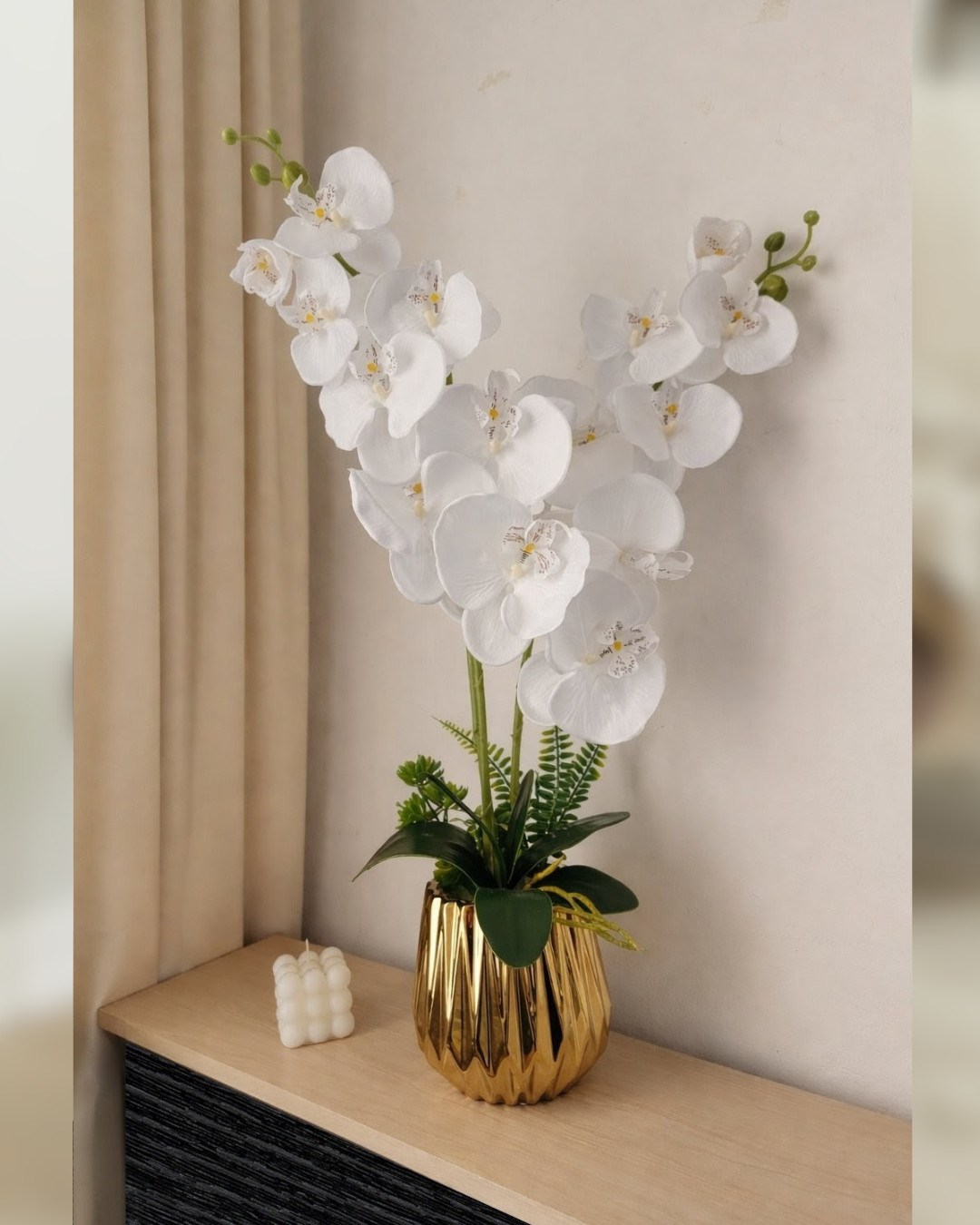 ORQUIDEA ARTIFICIAL BLANCO 60CM-BASE DORADA
