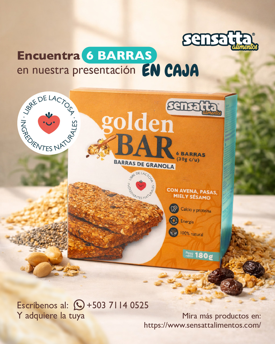 Caja de 6 Barra de granola, con avena, maní,  uvas pasas, miel, chia y sésamo