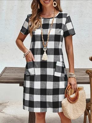 Vestido casual de cuadros con bolsillo