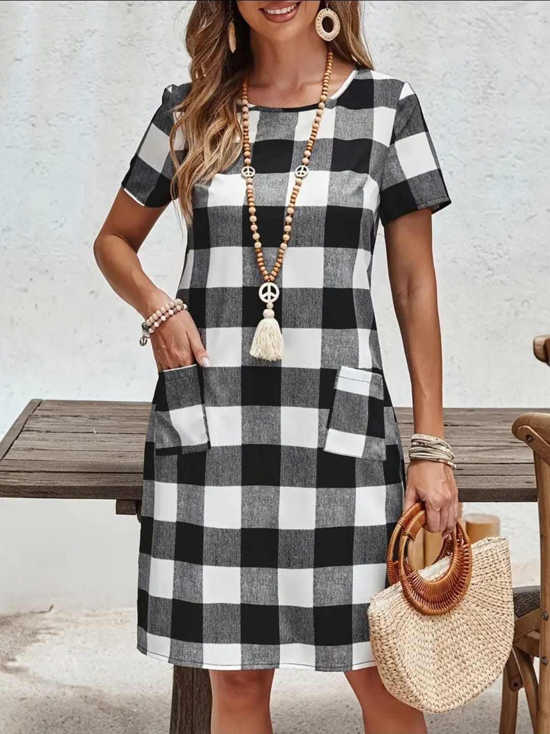 Vestido casual de cuadros con bolsillo