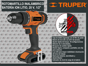 TALADRO 1/2 ROTOMARTILLO INALÁMBRICO,  BATERÍA ION LITIO, 
20 V, 1/2"