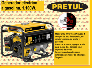 Generador eléctrico con motor a gasolina, 1100W, Pretul