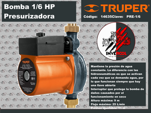 Bomba presurizadora 1/6 HP, Truper
CÓDIGO: 14635 CLAVE: PRE-1/6