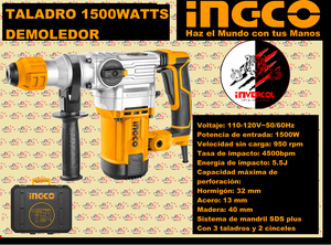 ROTOMARTILLO DEMOLEDOR 1500W SDS-PLUS + 3 BROCAS + PUNTO + CINCEL+ ESCOBILLA INGCO