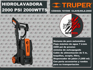 Hidrolavadora eléctrica 2000 PSI TRUPER
CÓDIGO: 101595 CLAVE: HILA-2000