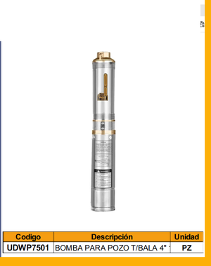 BOMBA PARA POZO T/BALA 4"
1HP 750W INGCO 80MP INGCO
