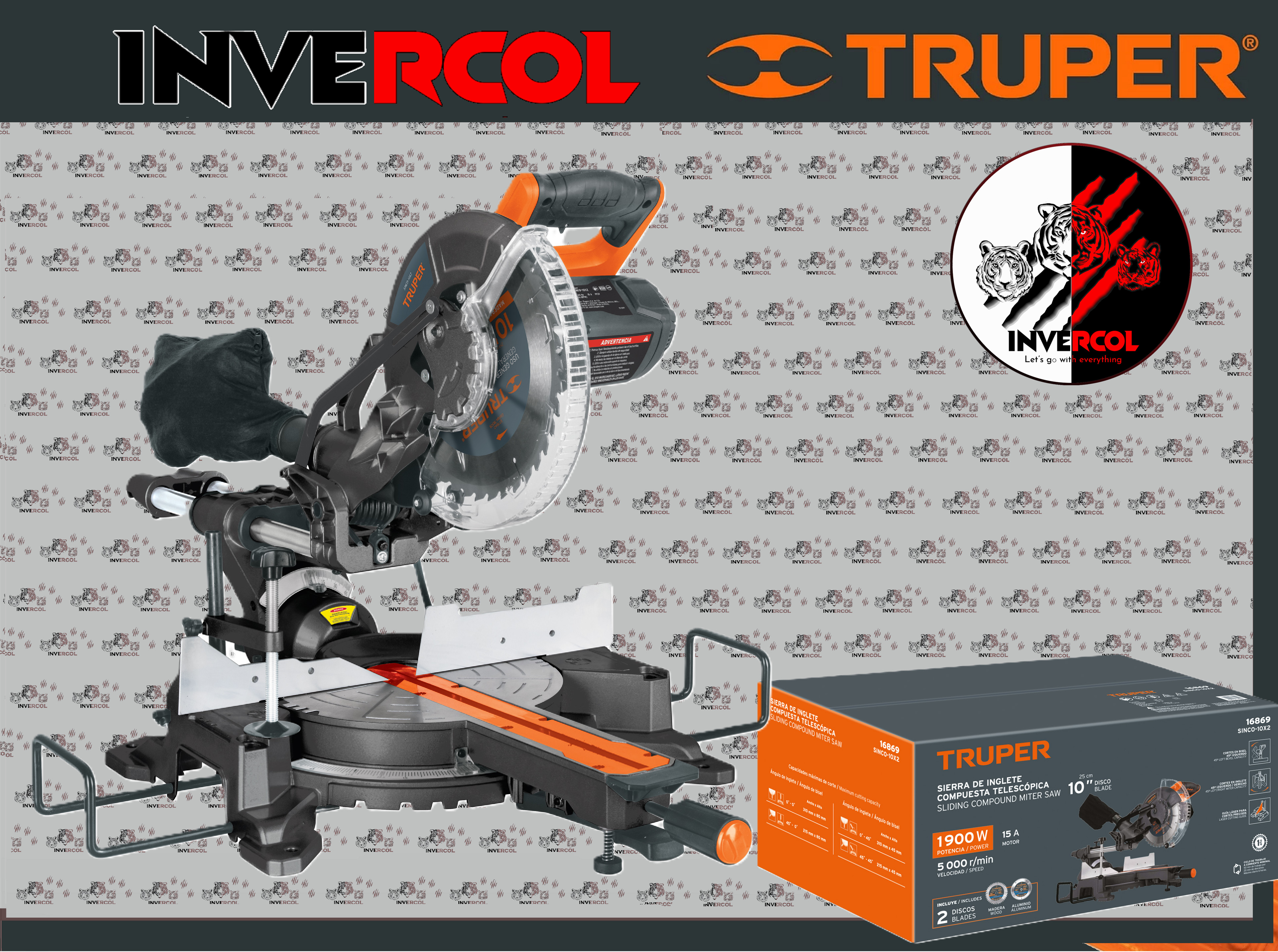 Sierra de inglete 10", 1900W telescópica compuesta, TRUPER Código: 16869 Clave: SINCO-10X2