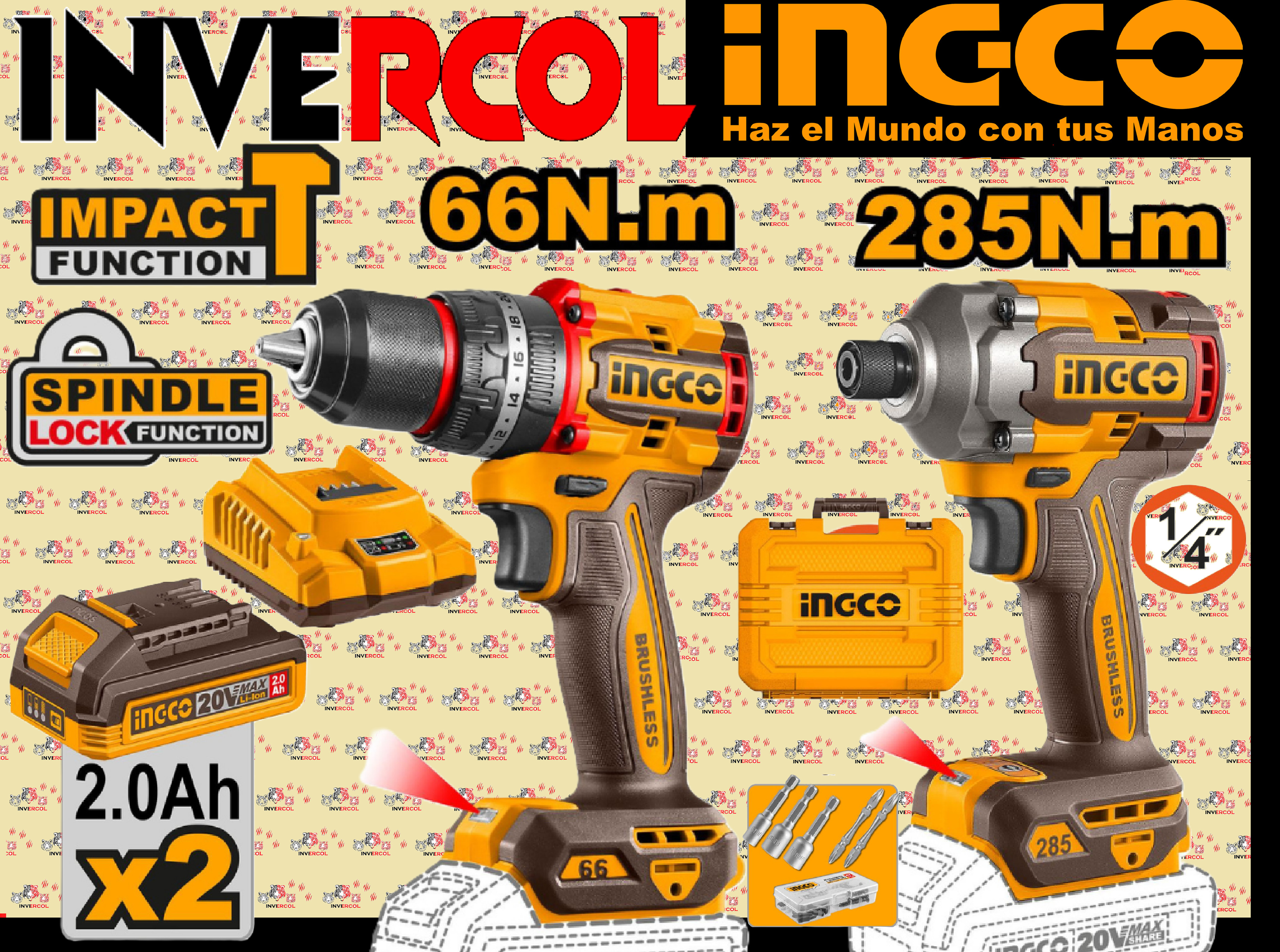 COMBO TALADRO 66N.M + ATORNILLADOR DE IMPACTO 285N.M INALAMBRICO 20 V