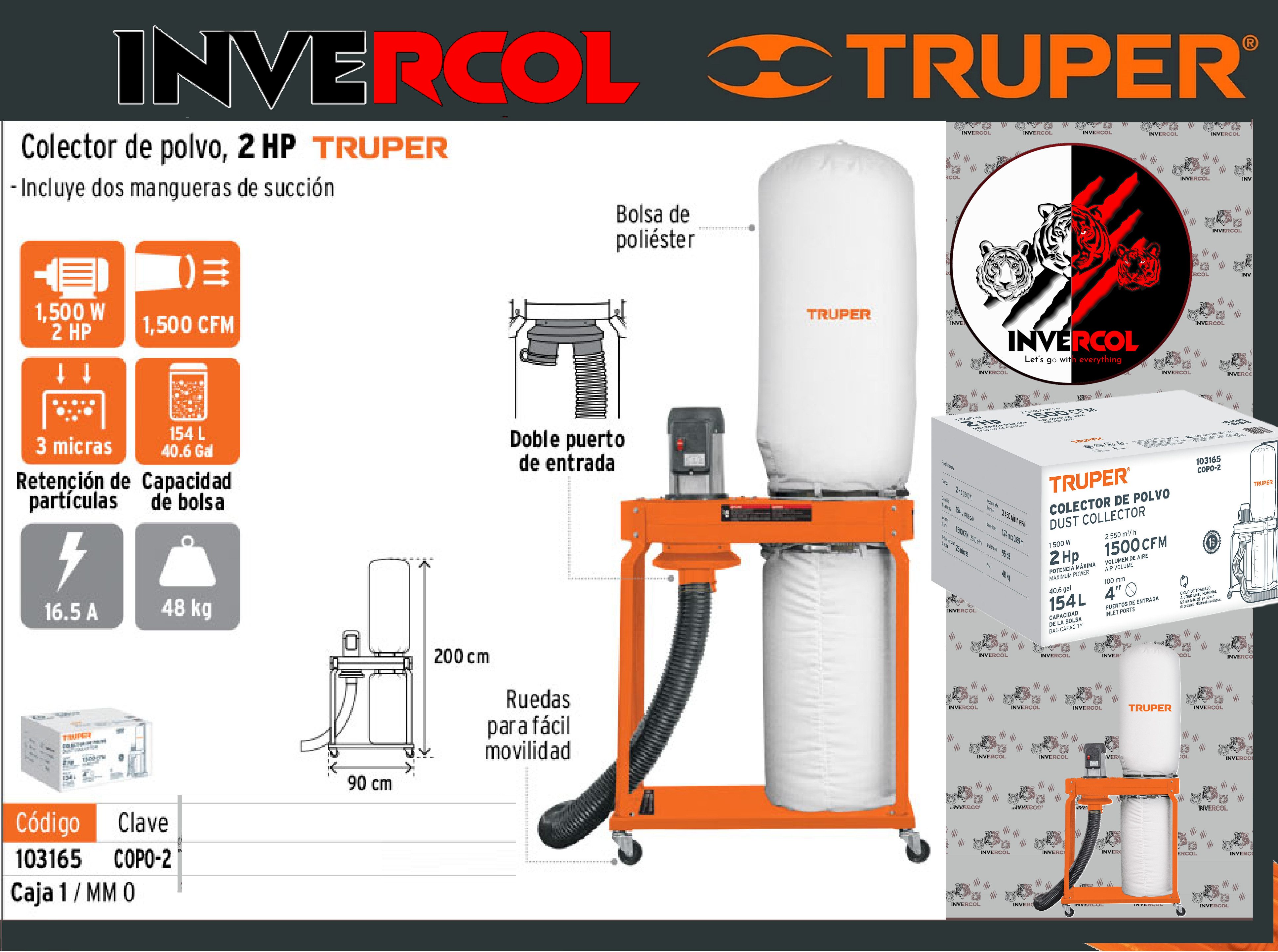 COLECTOR DE POLVO TRUPER 2HP Código: 103165