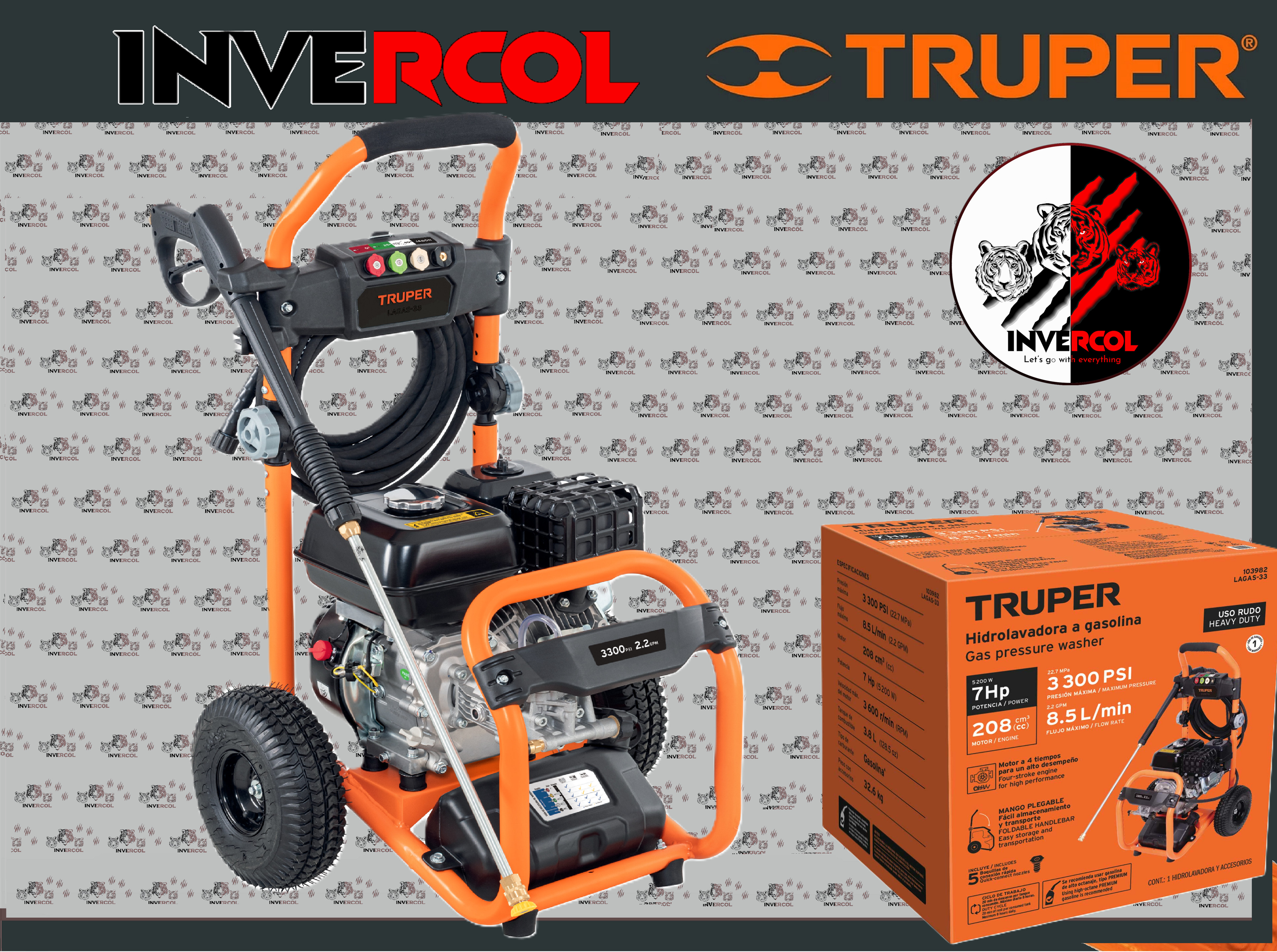 HIDROLAVADORA CON MOTOR A GASOLINA ,3300 PSI, TRUPER COD: 103982
