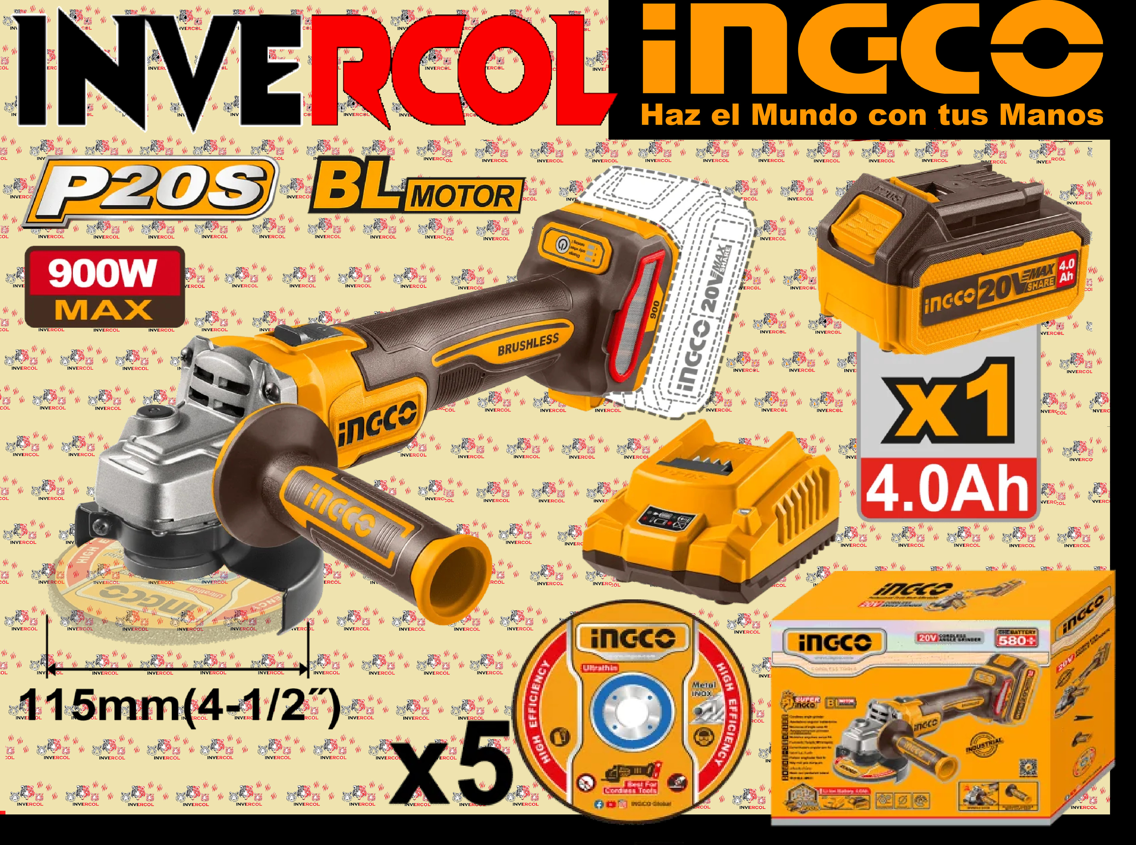 ESMERILADORA / AMOLADORA INALAMBRICA 20V 4-1/2" INGCO UCAGLI261521