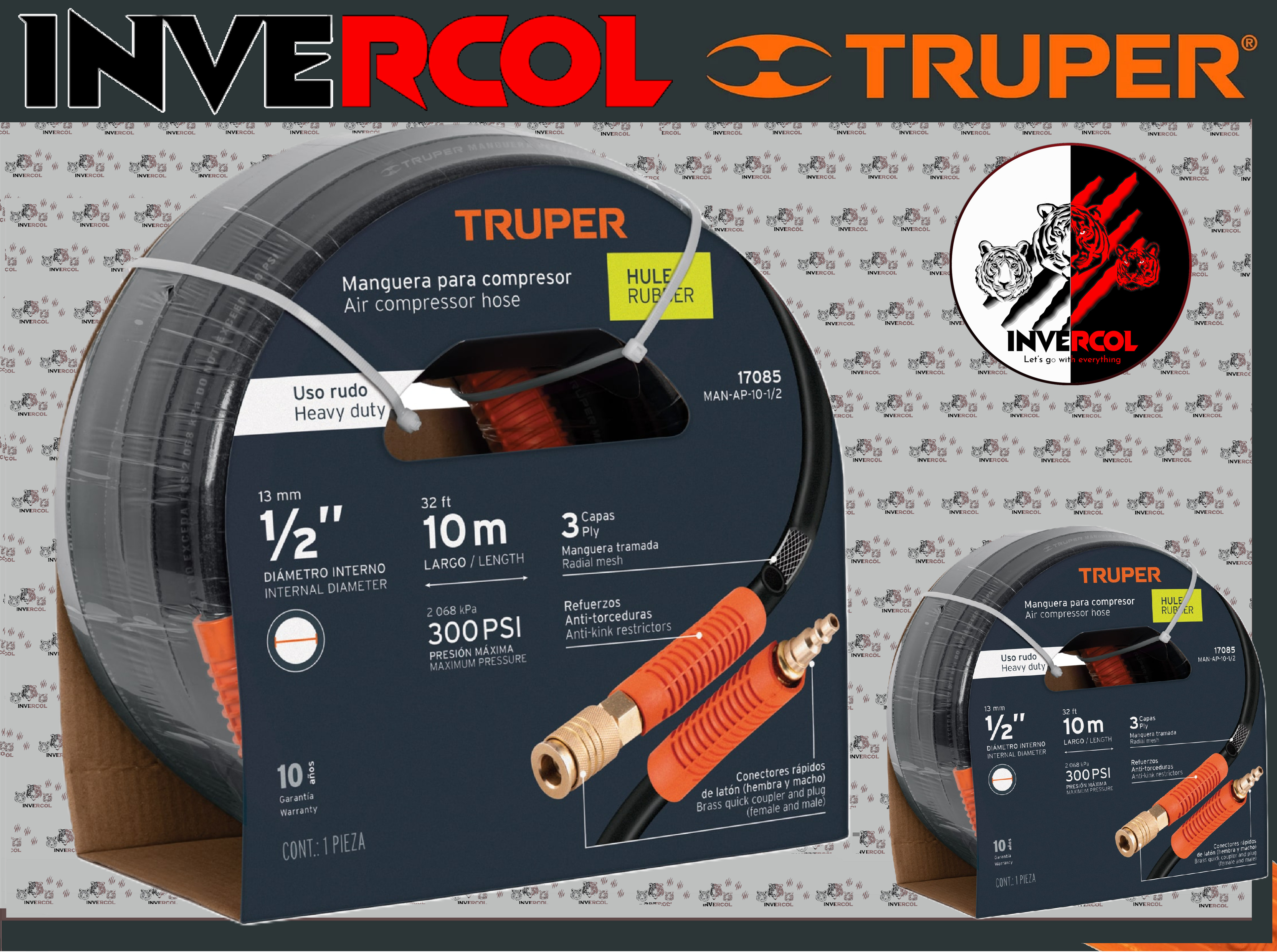 Manguera para compresor, de hule, 10m x 1/2", TRUPER Código: 17085 Clave: MAN-AP-10-1/2