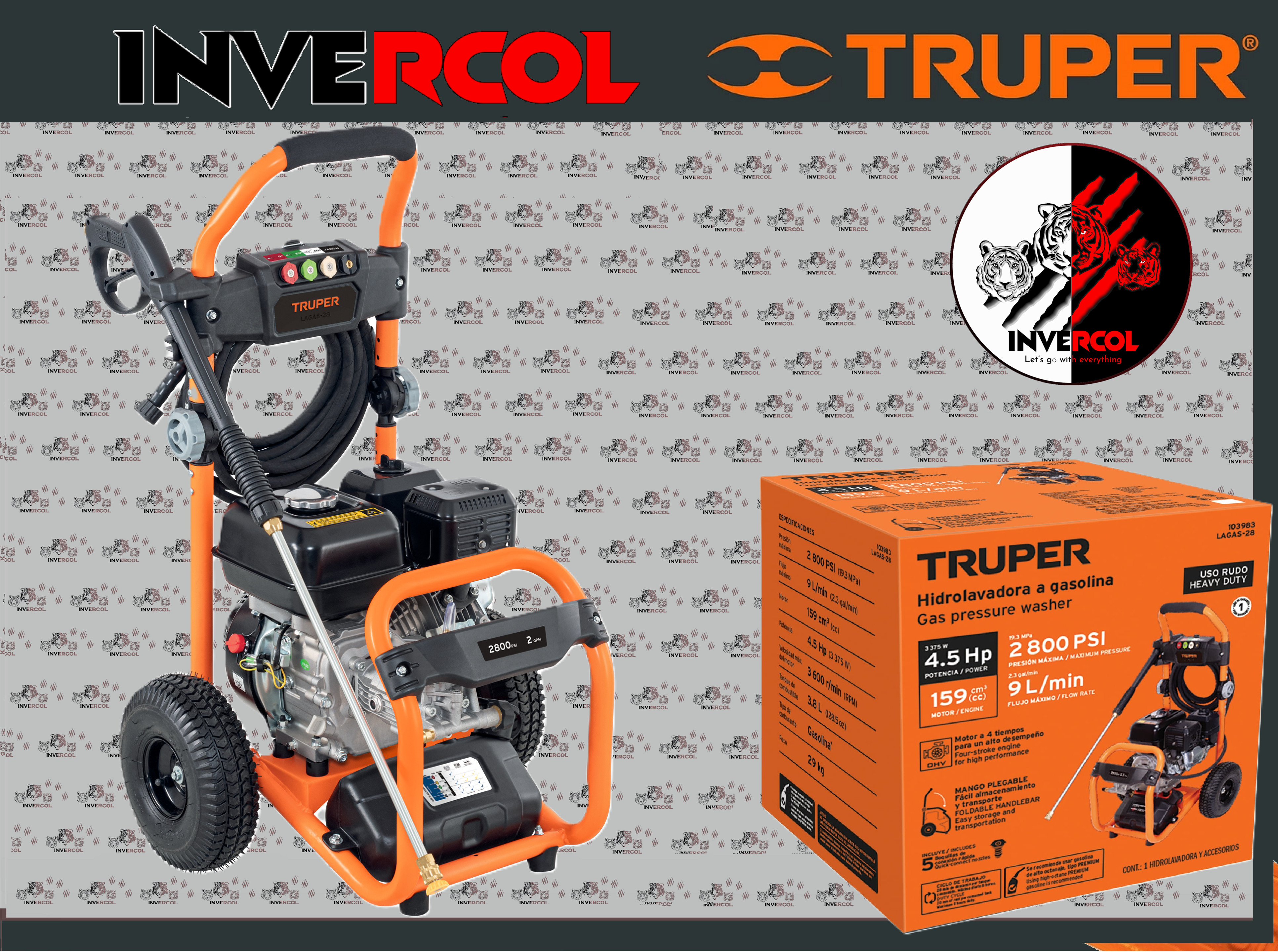 HIDROLAVADORA A GASOLINA, 2,800 PSI, TRUPER COD: 103983