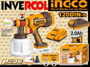 PISTOLA PULVERIZADORA INALAMBRICA 120DIN-s / BATERIA 2.0Ah / CARGADOR 2.0A P20S 20V