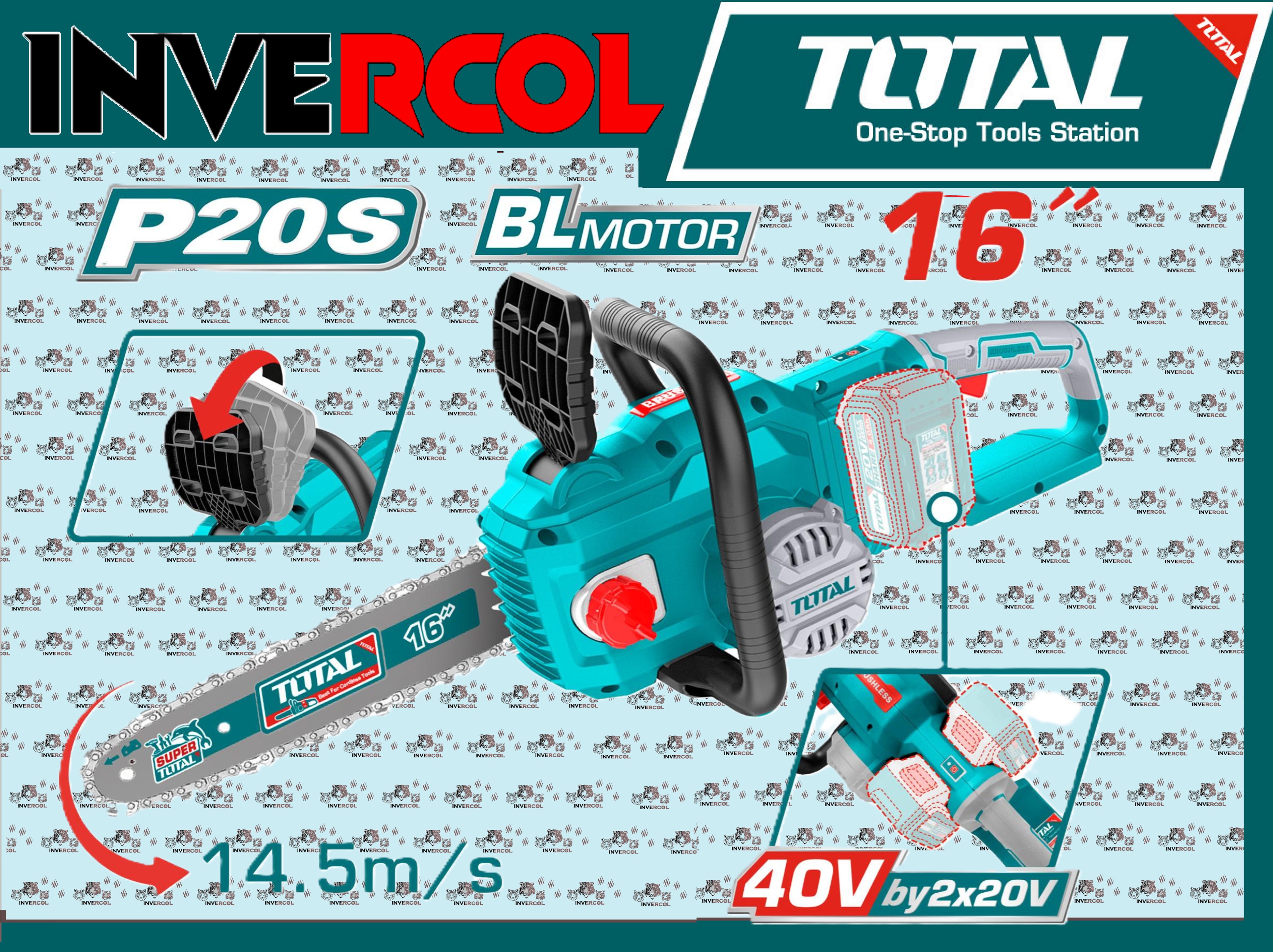 Motosierra inalámbrica 16" 40V Voltaje: 40 V (20 V + 20 V) Motor sin escobillas Longitud de la barra: 16"(40cm)