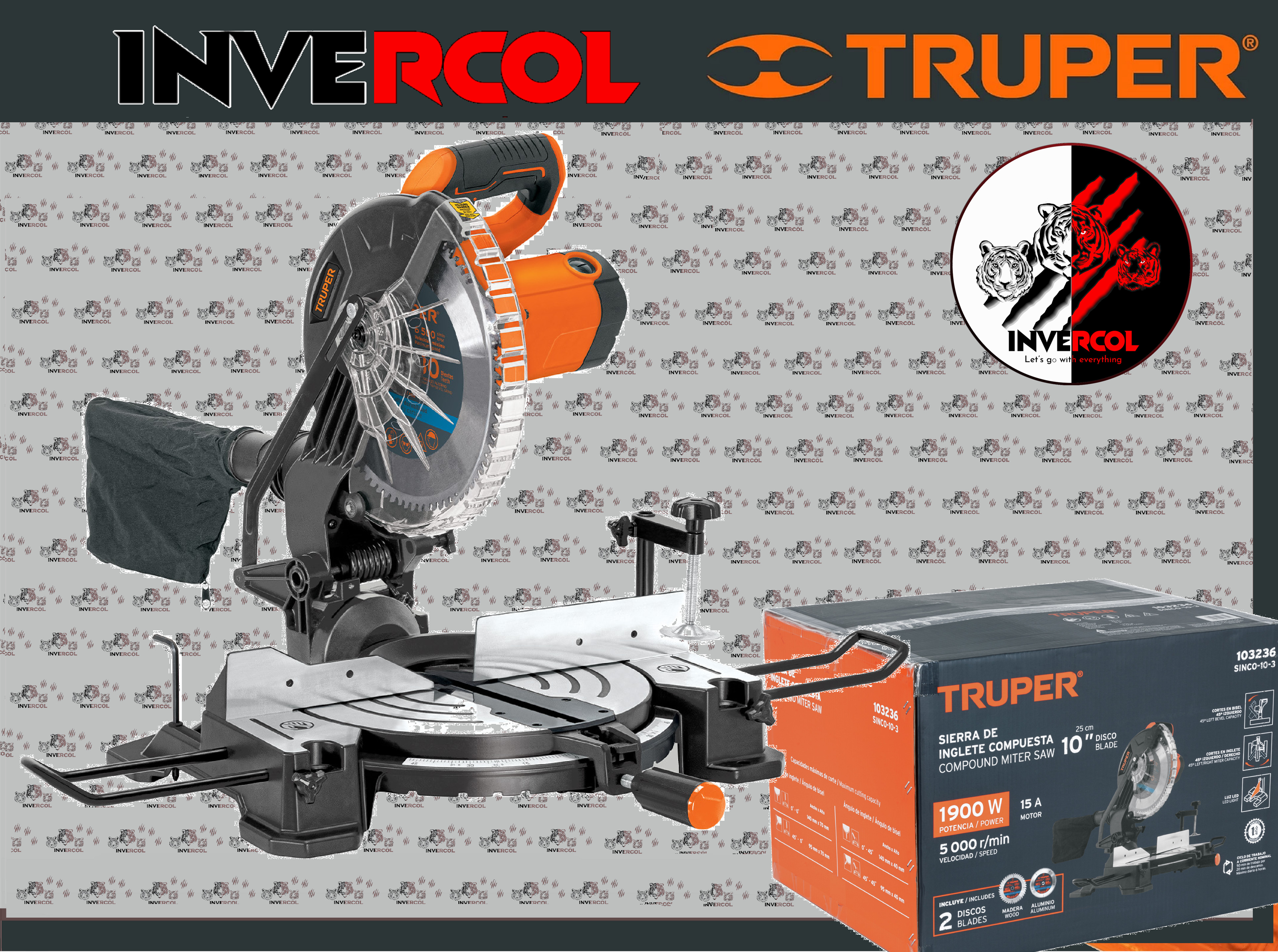 Sierra de inglete 10", 1900W compuesta, TRUPER Código: 103236 Clave: SINCO-10-3