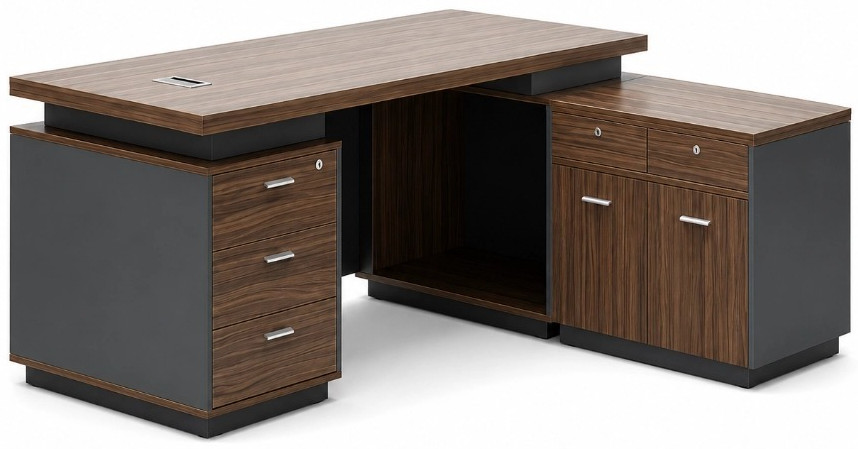 Escritorio Ejecutivo En Ele Cafe/Gris con Credenza 3 Gavetas 220X100X75Cm