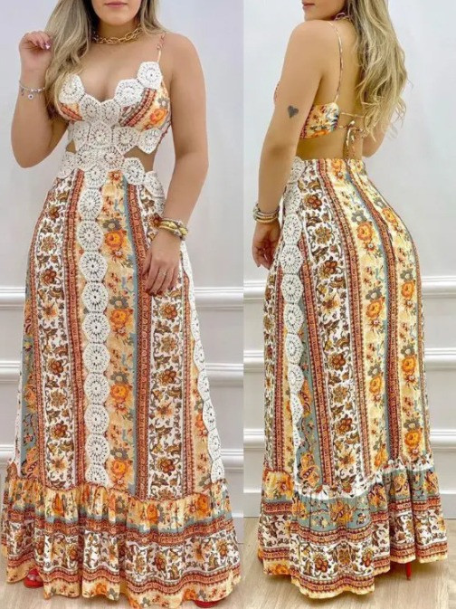 Ropa moda impresión sexy espalda descubierta encaje elástico elegante fresco Sling.