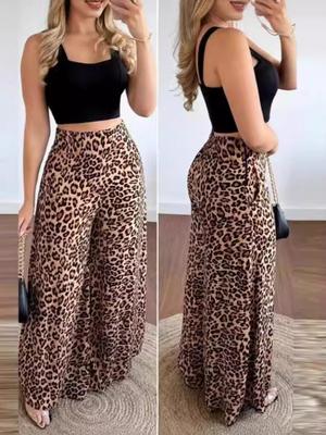 Conjunto de chaleco minimalista y pantalón informal con estampado de leopardo para mujer