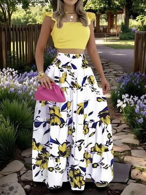 Conjunto de dos piezas de vestido acampanado con tirantes a la cintura, de color sólido, elegante y sexy amarillo. 