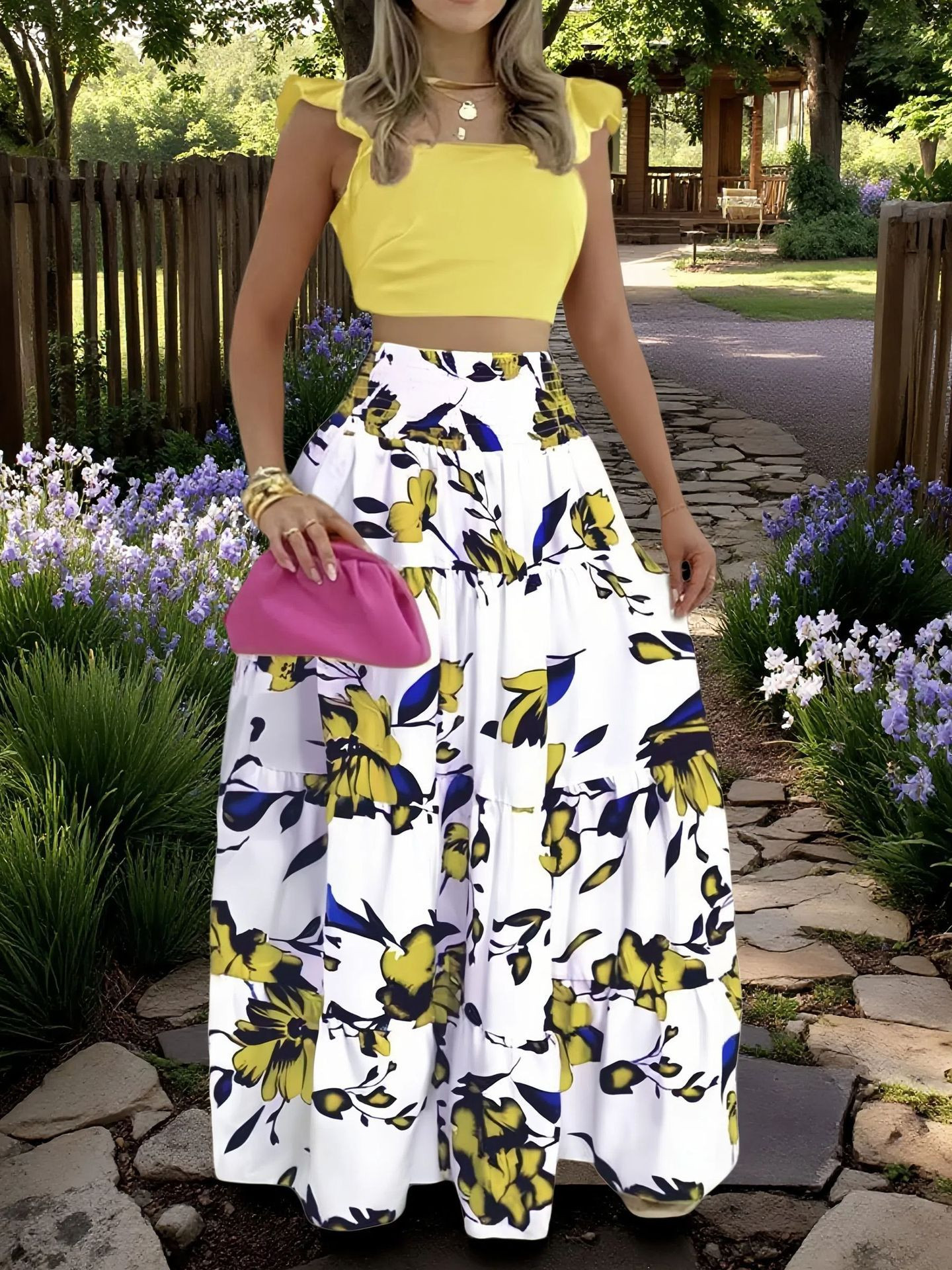 Conjunto de dos piezas de vestido acampanado con tirantes a la cintura, de color sólido, elegante y sexy amarillo. 