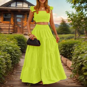 Conjunto de dos piezas de vestido acampanado con tirantes a la cintura, de color sólido, elegante y sexy 1 solo tono verde
