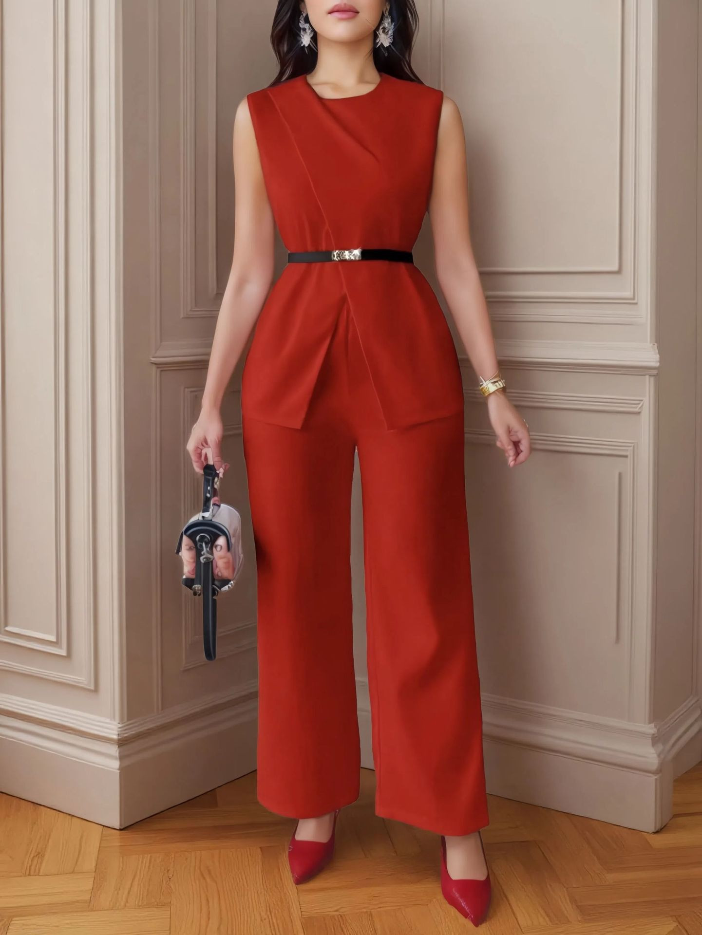 Conjunto de mujer blusa de color sólido cinturón
