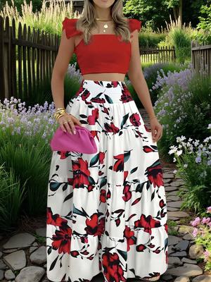 Conjunto de dos piezas de vestido acampanado con tirantes a la cintura, de color sólido, elegante y sexy rojo. 