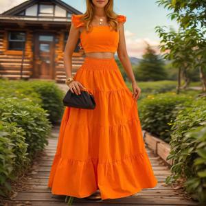 Conjuntos de dos piezas de vestido acampanado con tirantes a la cintura, de color sólido.