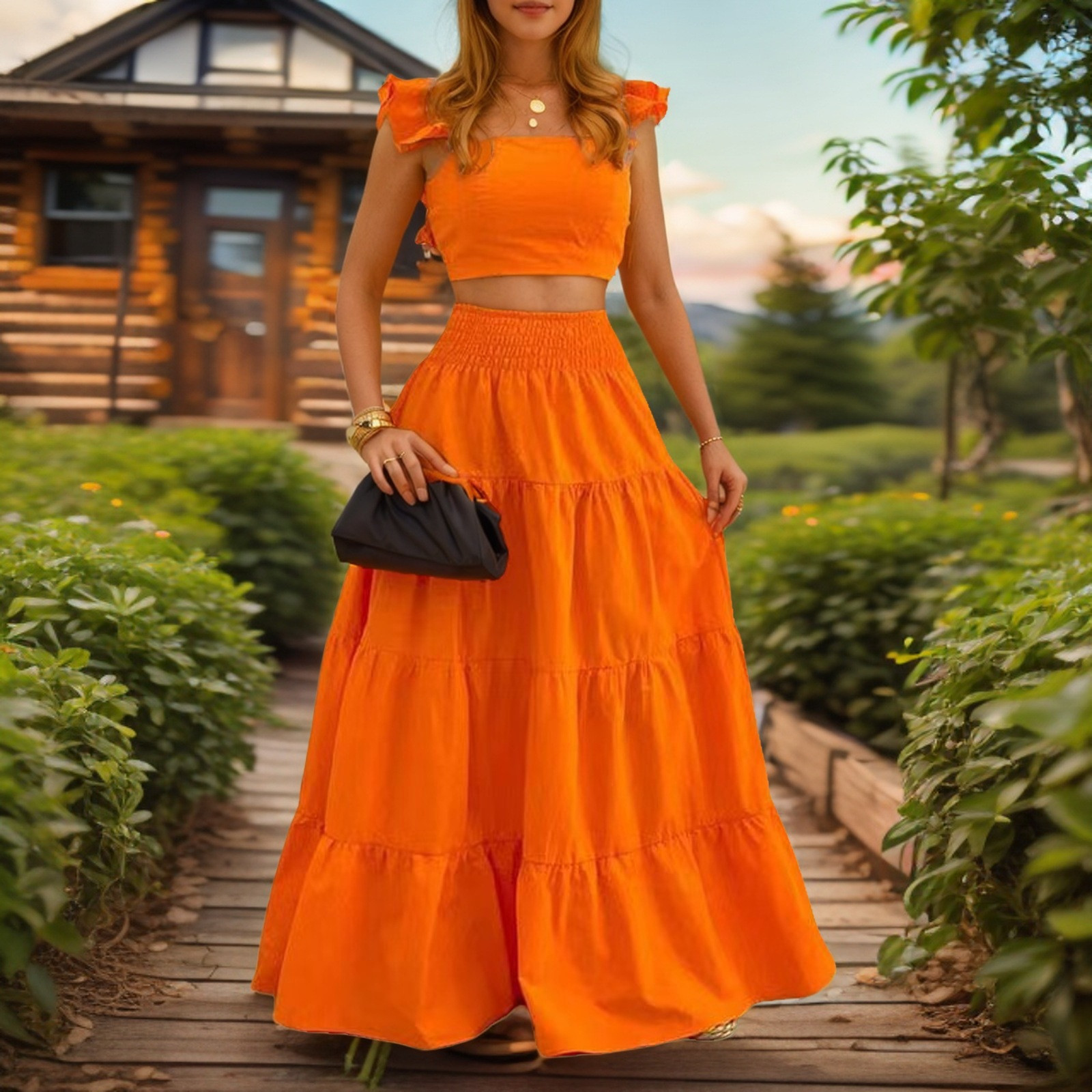 Conjuntos de dos piezas de vestido acampanado con tirantes a la cintura, de color sólido.