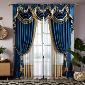 Juego de 2 piezas de cortinas con simulación digital de alta definición, estampado floral azul,