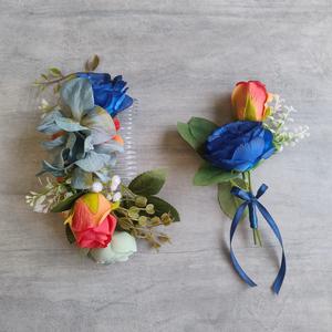 Peineta y boutonniere naranja y azul 